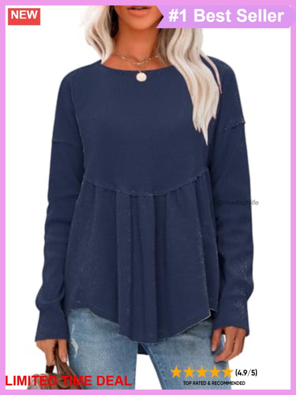Waffle Knit Long Sleeve Tunic Top Loose Babydoll Maternity Crewneck